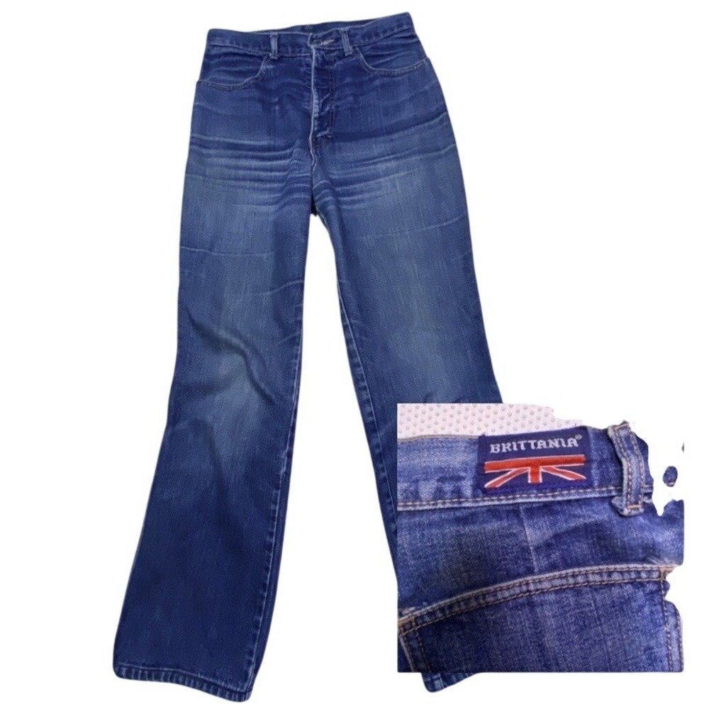 Vintage Brittania High Rise Boot Cut Wide Leg Denim Jeans Brittish Flag 10 long - Picture 1 of 8